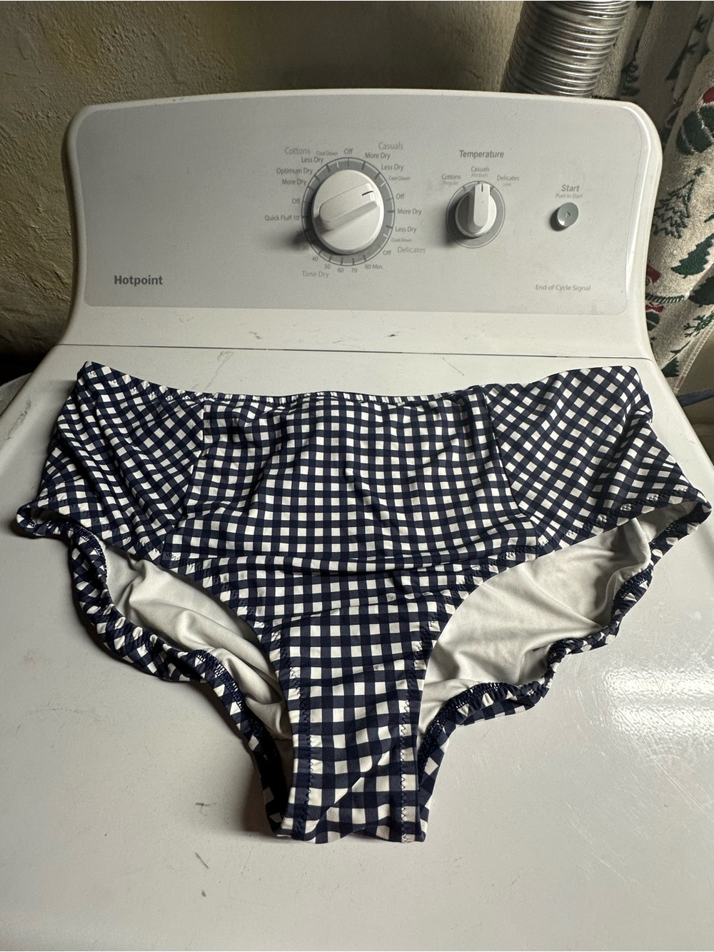 Lands' End Navy and White Gingham High-Waist Swim Bottoms